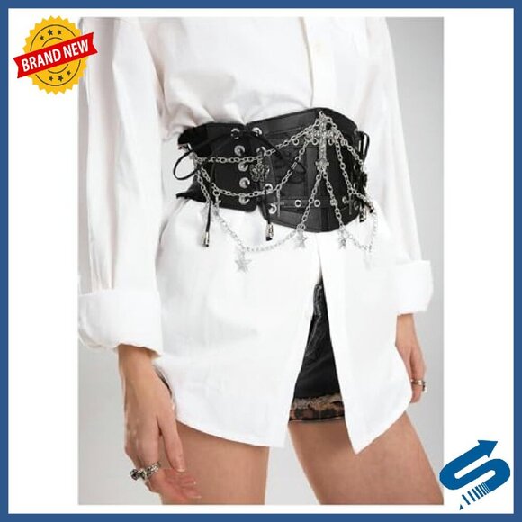 Faux Leather Corset Belt with Chain Cross Lace Up Elastic Waist main image 6